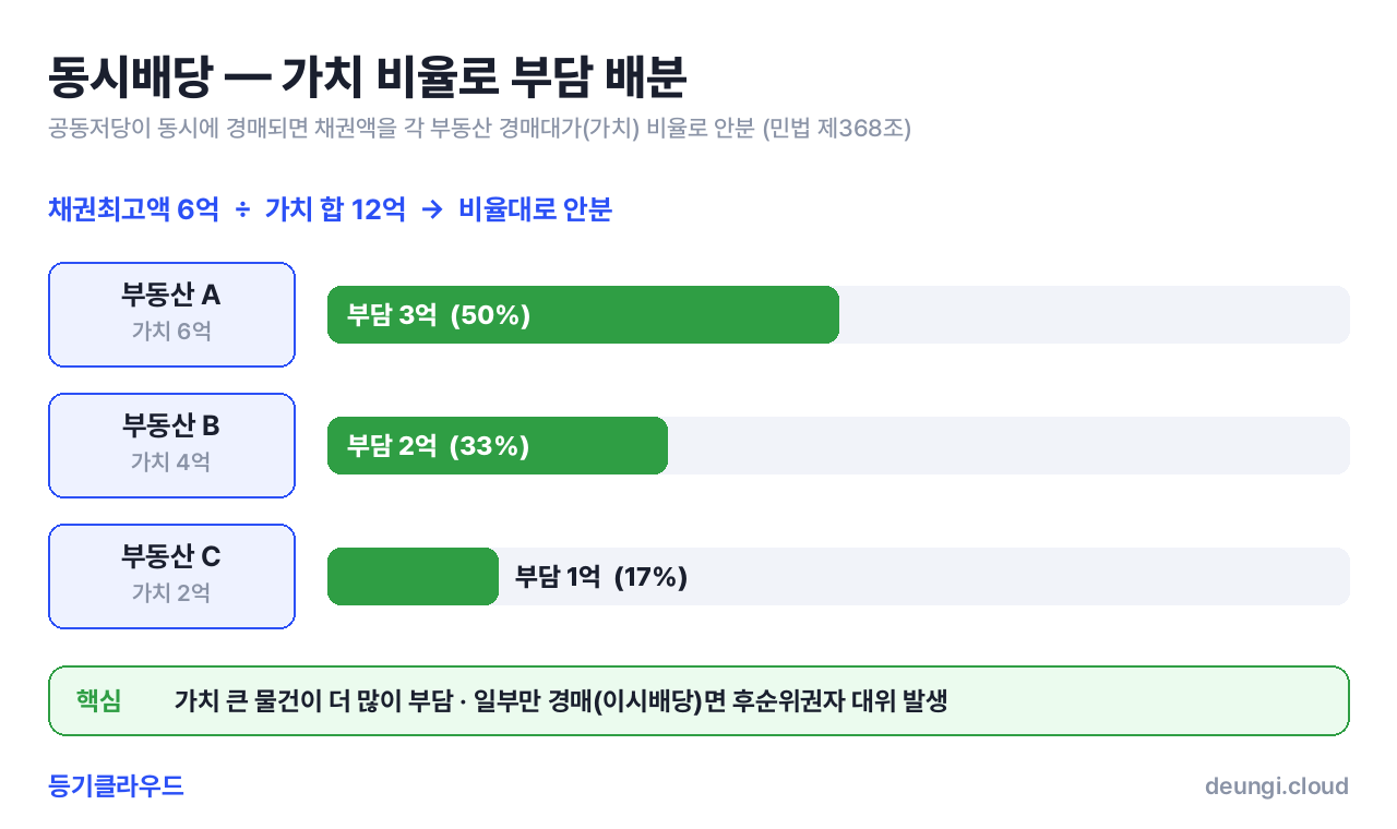 동시배당 부담 배분 — 채권액을 각 부동산 가치 비율로 안분(민법 368조)